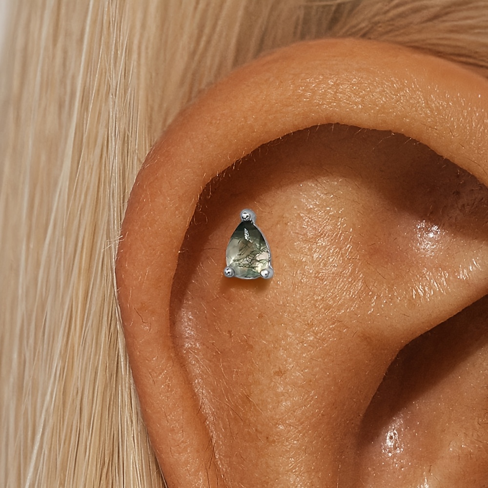 Women's 925 Silvery Moss Agate Water Drop Stud Earrings